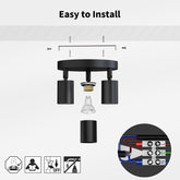 Black ceiling light fixture with installation diagram and tools on a white background